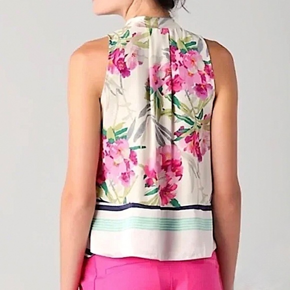 Elizabeth & James Floral Silk Charmeuse Tie Neck Sleeveless Blouse Top - Picture 5 of 13